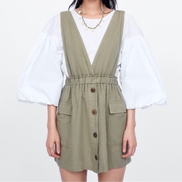 ZARA Olive Green Sleeveless Button Front Mini Dress - Size M - Picture 2 of 11